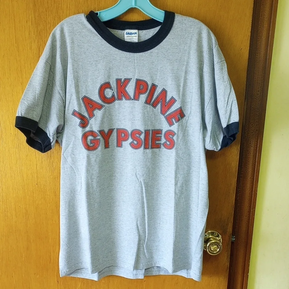 Jackpine Gypsies Motorcycle Club 75 Years Tee.  Gray, Red & Black.  Sturgis, SD